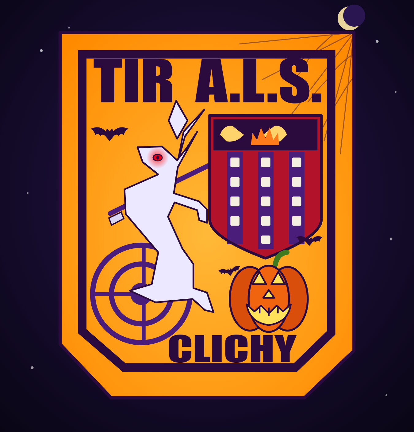 Blason Tir A.L.S. Clichy en version Halloween : lapin fantôme, citrouille et chauves-souris